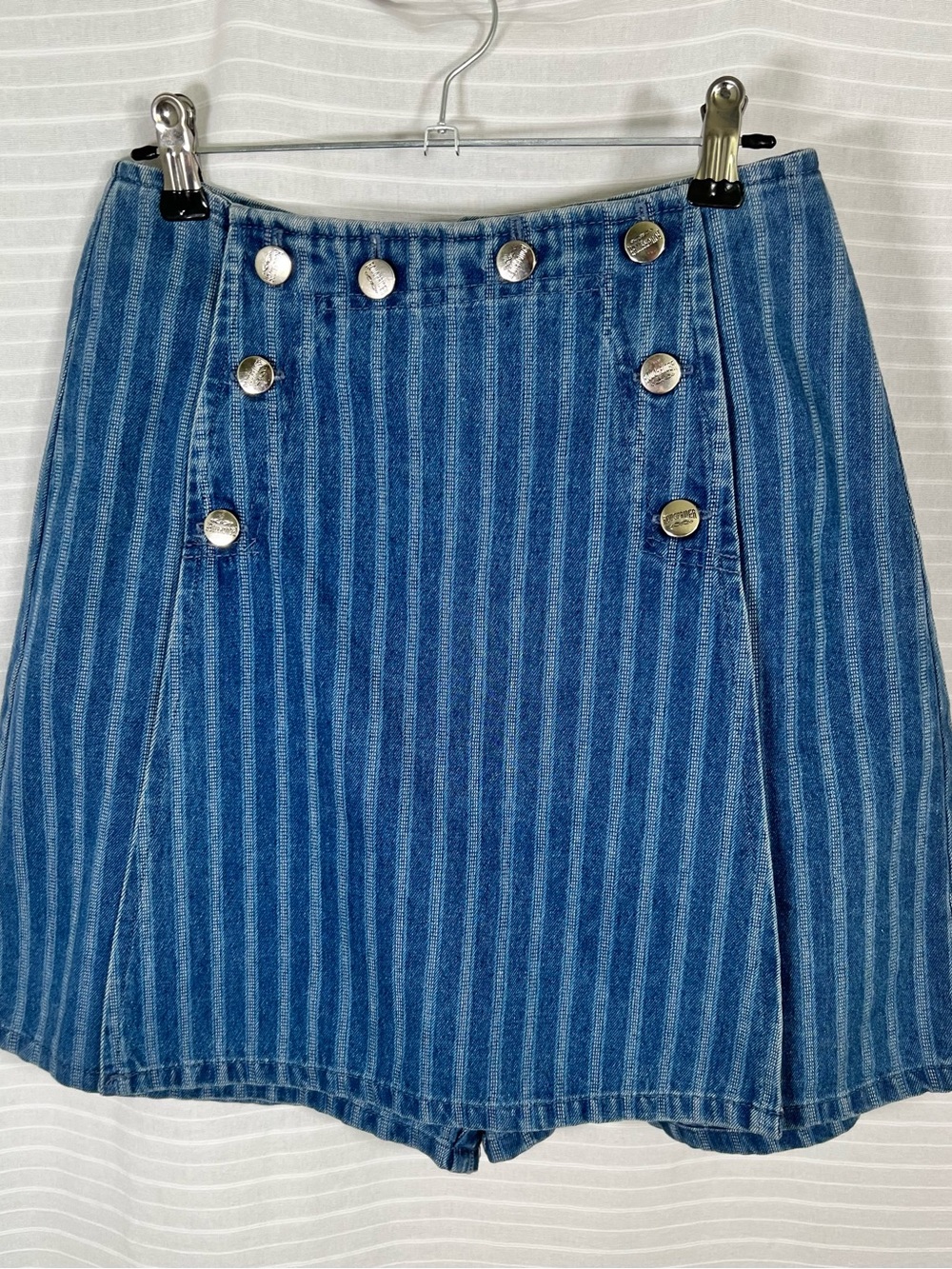 Striped roughrider Blue Denim A-Line Skirt with Decorative Buttons made in USA